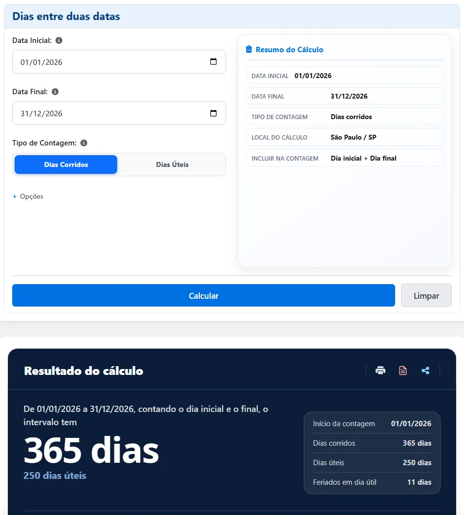 Contador de Dias na aba Dias entre duas datas, de 01/01/2026 a 31/12/2026, contando o dia inicial e o final, com local São Paulo/SP: o resultado mostra 365 dias e 250 dias úteis.