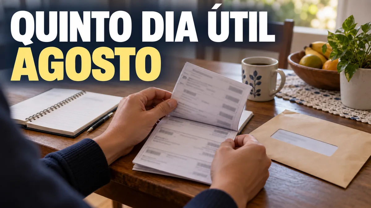 Quinto dia útil de agosto: mãos conferem o carnê ao lado da agenda e de um envelope.