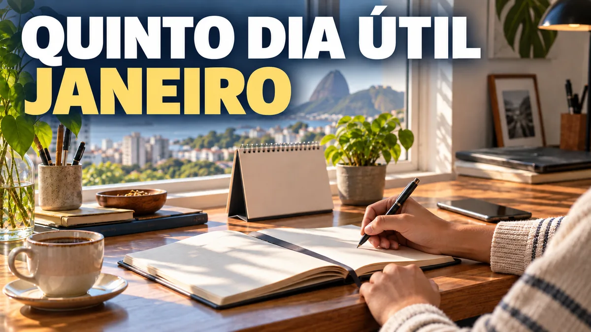 Quinto dia útil de janeiro: agenda nova e café sobre a mesa, sob a luz clara da manhã.