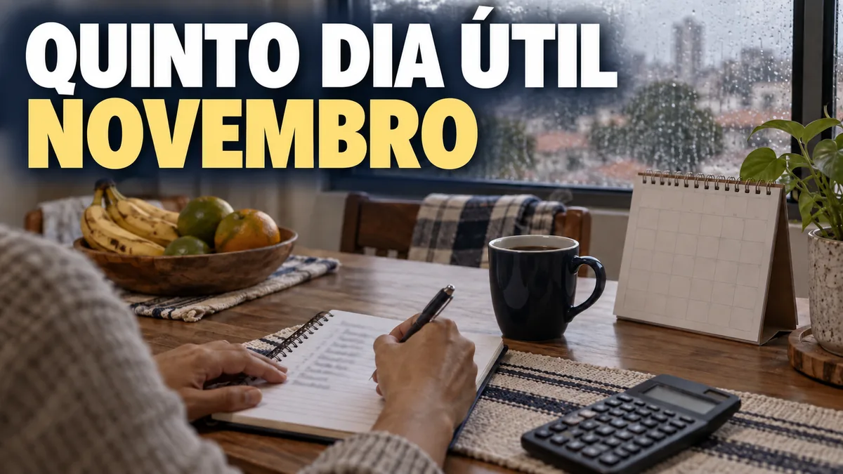 Quinto dia útil de novembro: lista de compras e calendário na rotina de um dia de chuva.